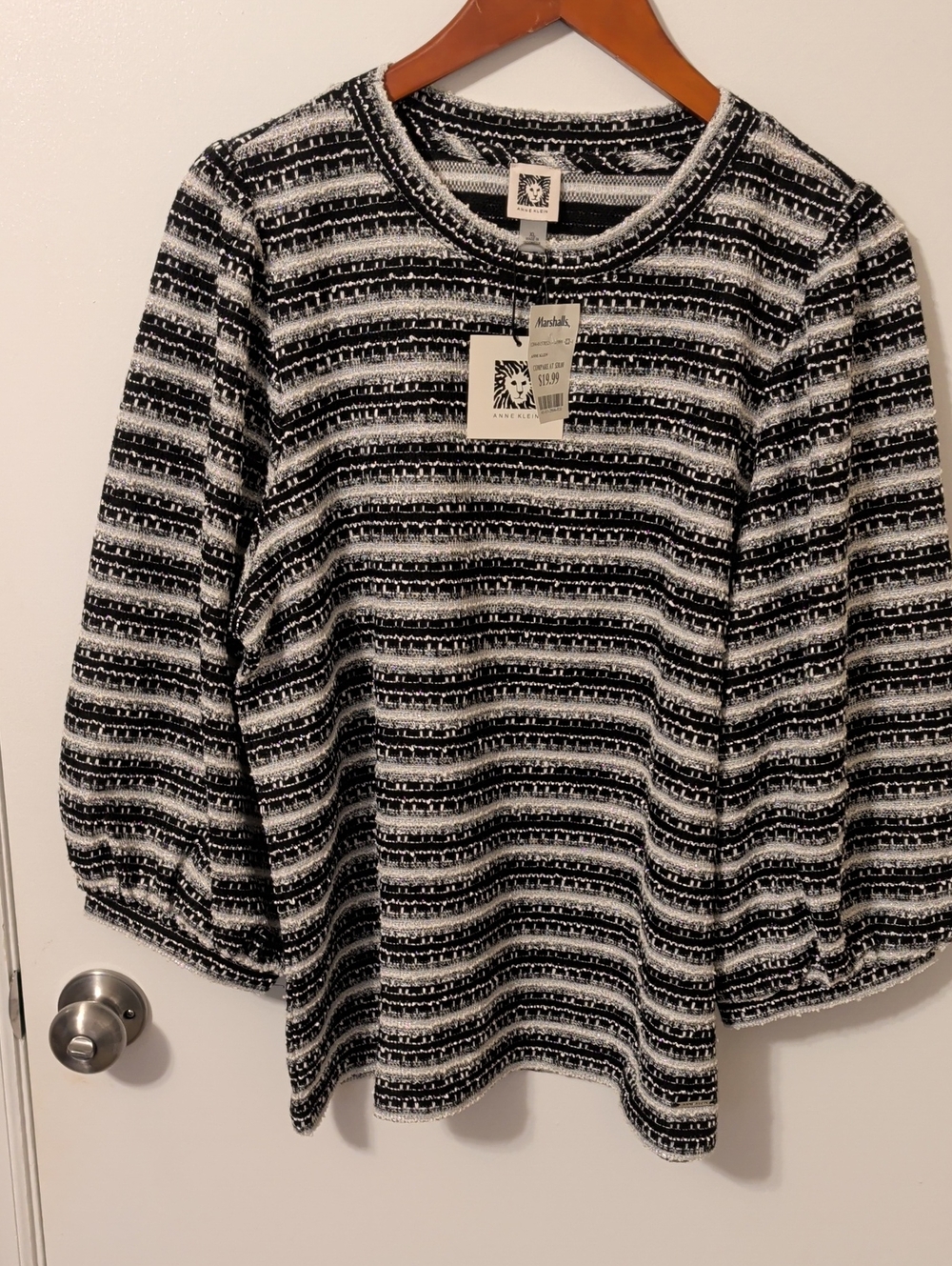 Anne Klein Black & White Striped Puff Sleeve Sweater